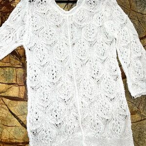 POL Elegant White Crochet Swim Cover-Up tunic sweater Small